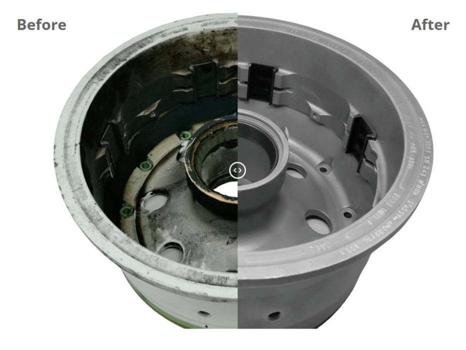 Aircraft wheel before and after wet blasting for NDT